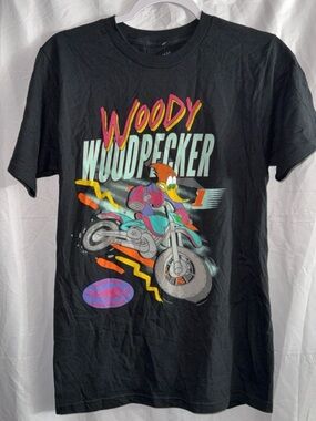 Woody Woodpecker Black Graphic Tee - Classic Cartoon Motorcycle Design